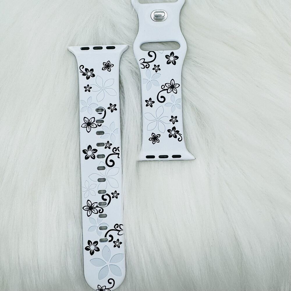 New Floral Design Apple Watch Bands 42mm 44mm 45mm 49mm Black and White - Picture 2 of 7